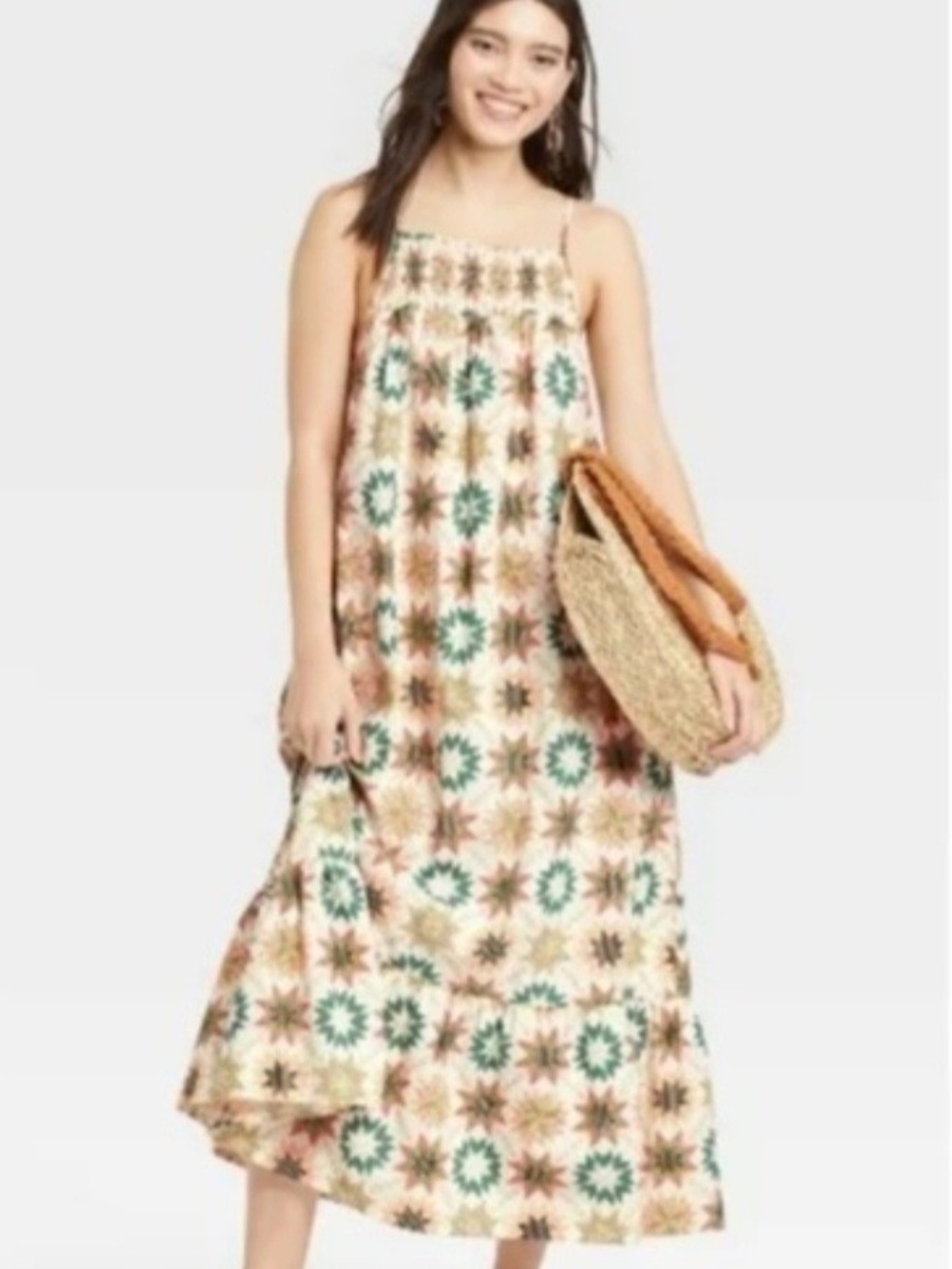 Universal Thread Cream Ikat Print Maxi Dress XL Boho Tiered